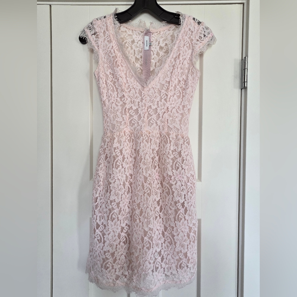 Babaton Pale Pink Lace V-Neck Cap Sleeve Dress